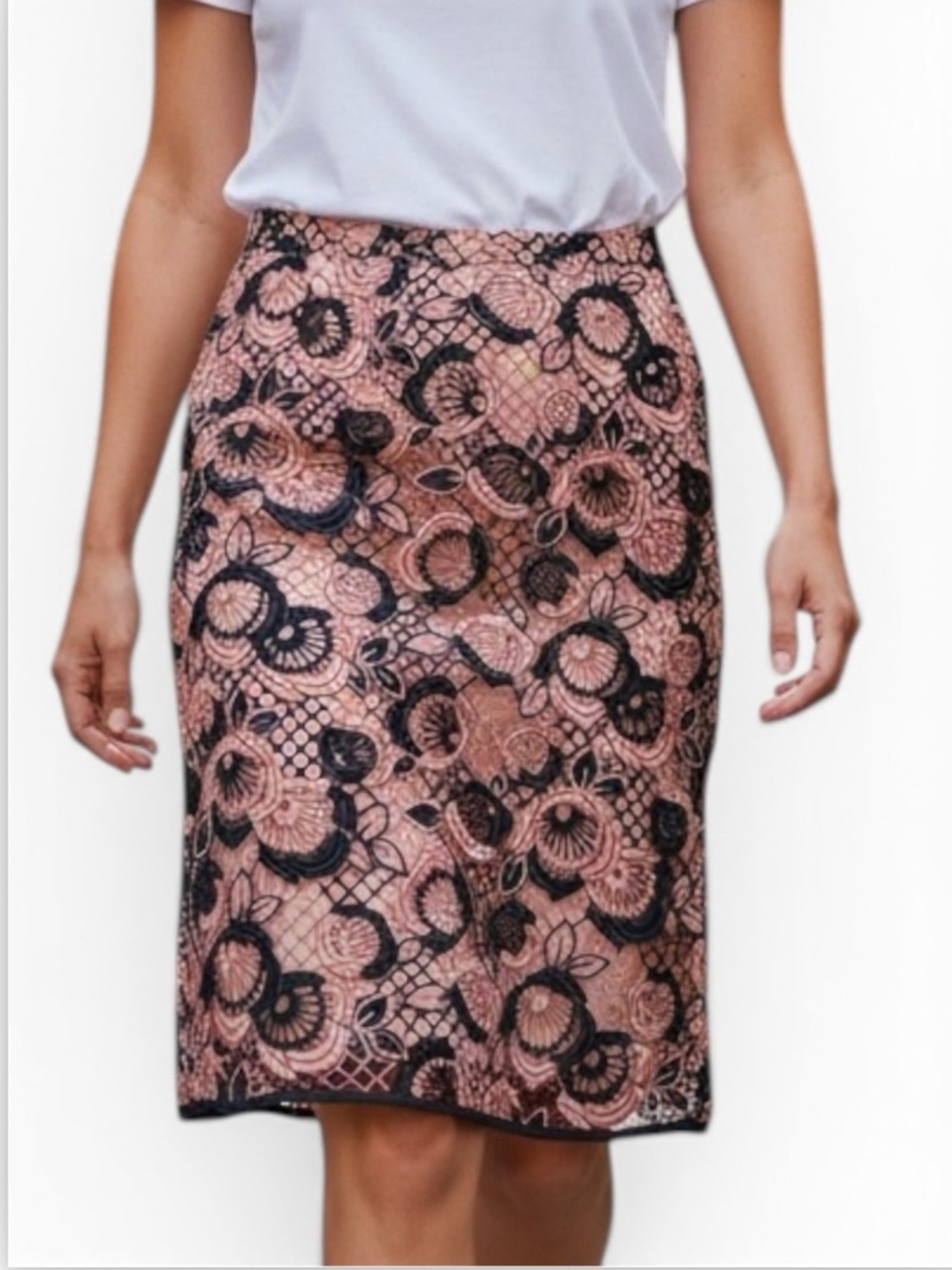 Ann Taylor Pink & Navy Floral Lace Pencil Skirt
